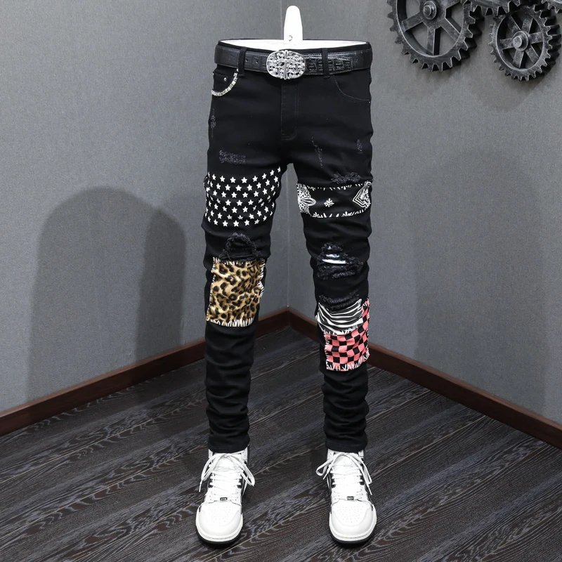 High Street Fashion Men Jeans Black Elastic Skinny Fit Ripped Jeans Men Stars Plaid Patch Designer Hip Hop Brand Pants Hombre