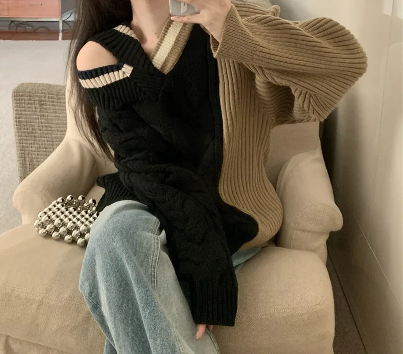 Женский свободный свитер шикарный пуловер с лямками на плечах Осень-зима 2021 |