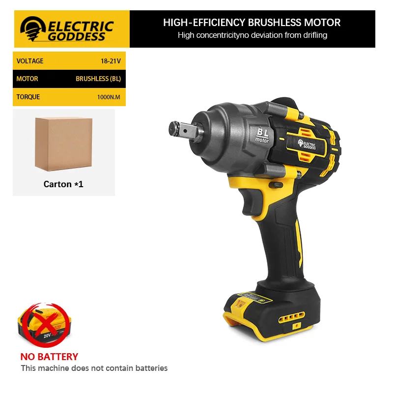 

Бесщёточный ударный гайковерт ELECTRIC GODDESS 1000 Нм для аккумулятора Dewalt