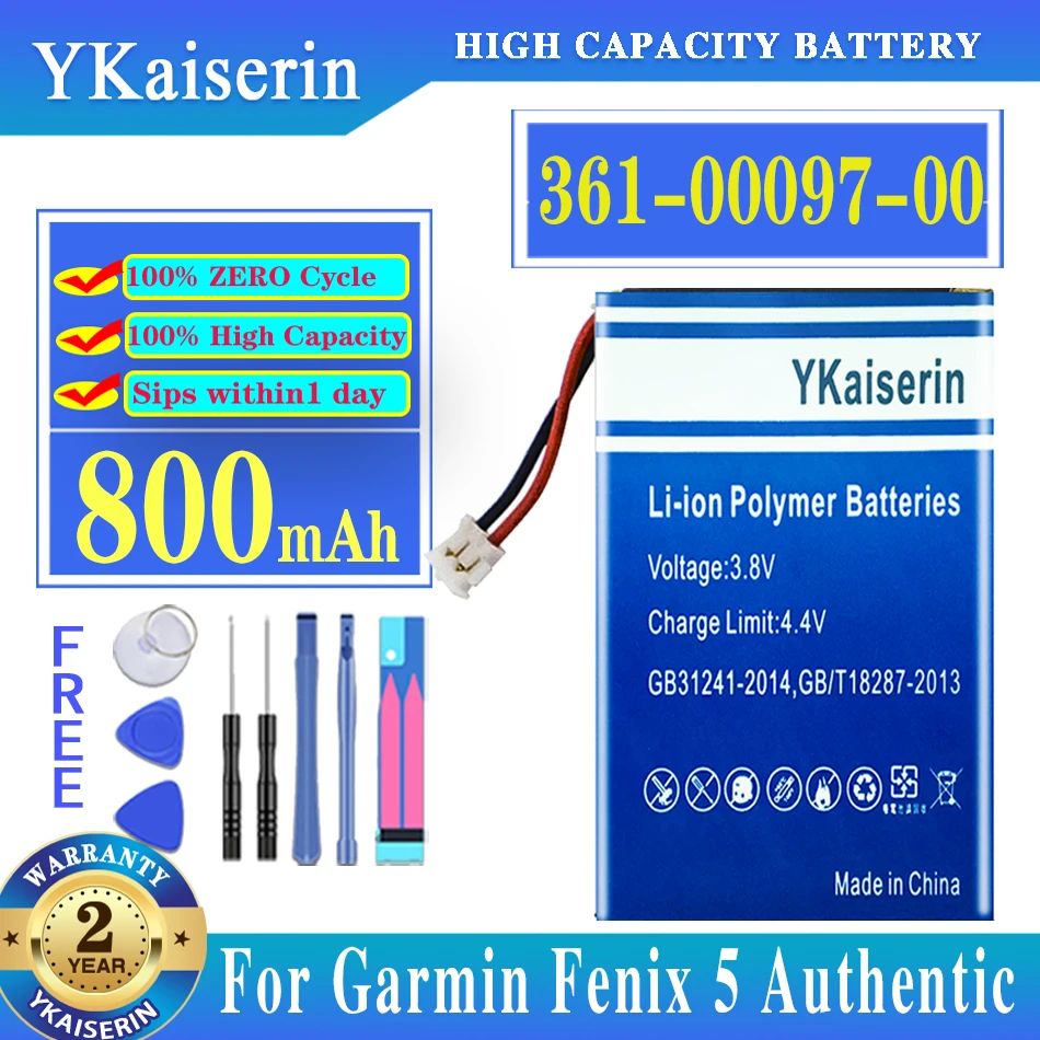 

YKaiserin Watch Battery 361-00097-00 For Garmin Fenix 5 Fenix5 Replacement Battery 800mAh + Free Tools