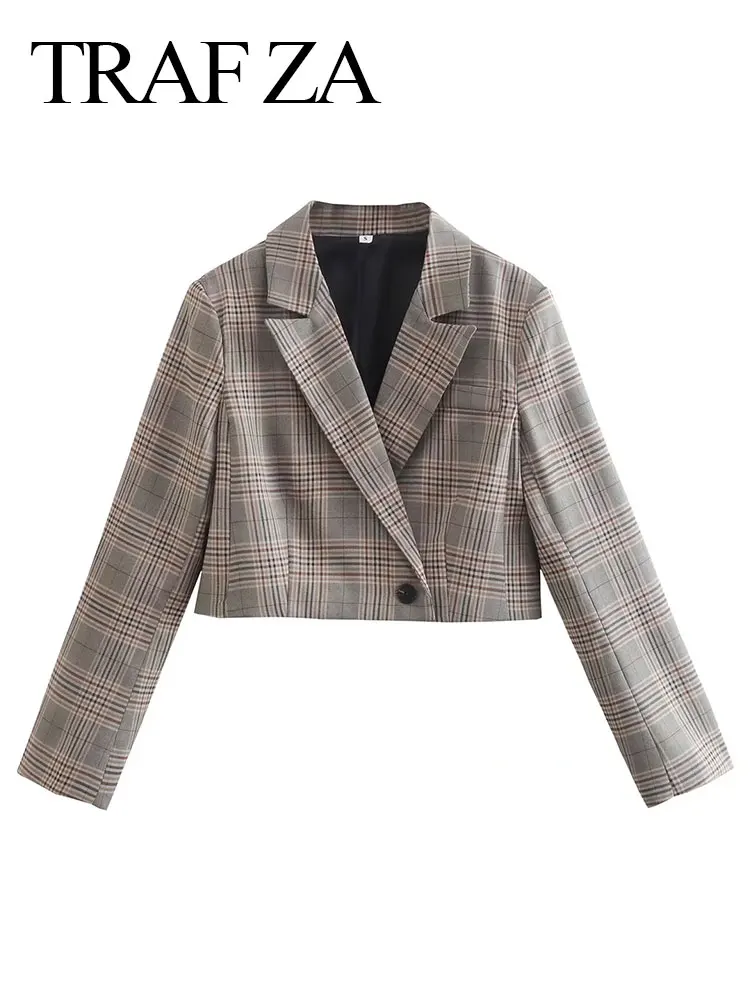 

TRAF ZA New Popular Plaid Print Trend Show Waist Long Sleeve Ladies Short Blazer Jacket Fashion Daily Casual Short Ladies Top