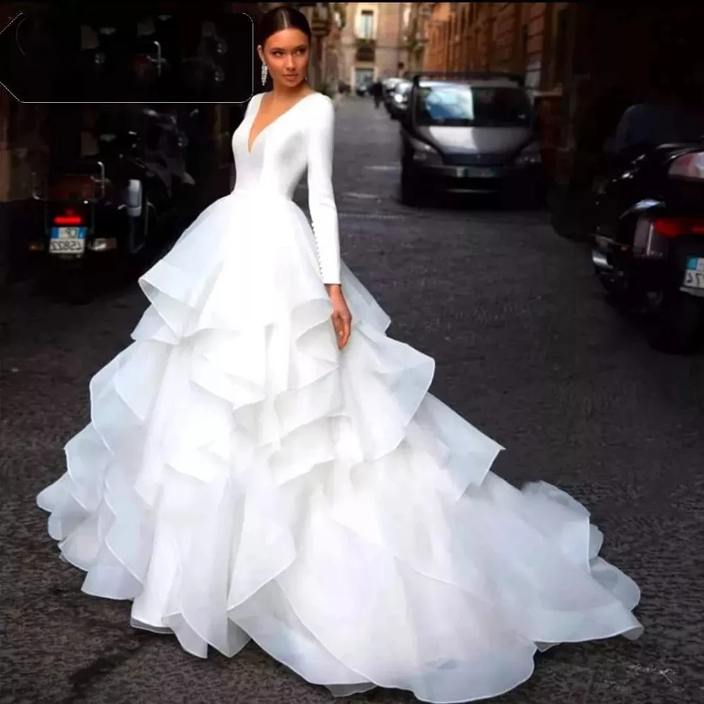 

Prom Dress White V-Neck Long Sleeve Tiered Floor Length Sweep Train Formal Occasion Summer ELegant Evening Gowns Luxury 2023