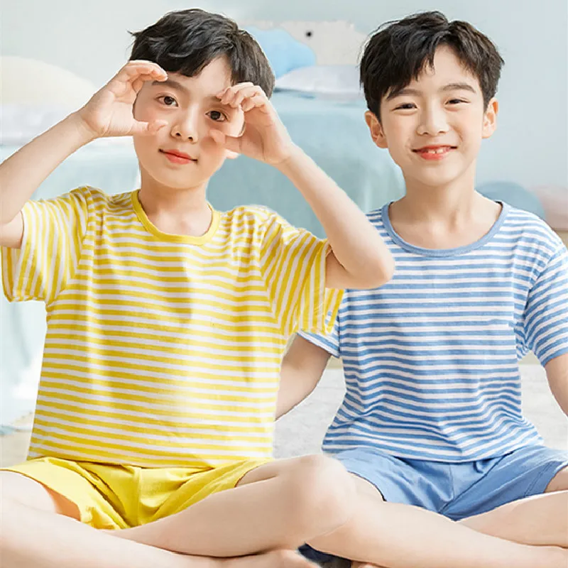 

Летний детский комплект из двух предметов, футболка с коротким рукавом и шорты, свободный комплект пижам в полоску с принтом для мальчиков и девочек, одежда для сна