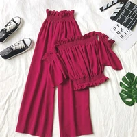 summer two piece sets women casual pants 2pcs sets off shoulder crop tops and wide leg pants set of two fashion pieces for women