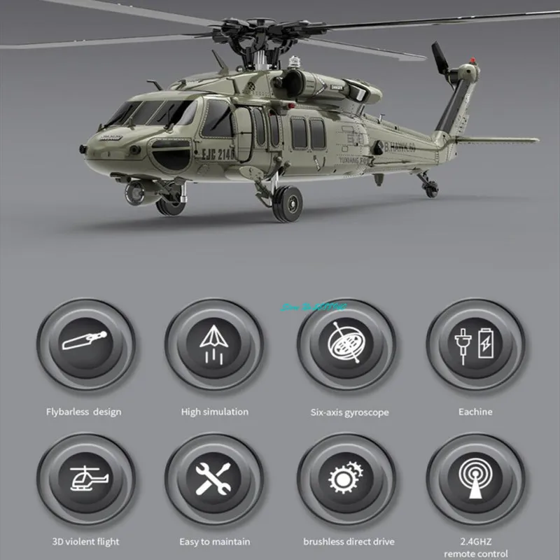 Фото Профессиональная радиоуправляемая модель вертолета UH60-Black Hawk 1:47, 6-канальный, безфлайбарный, аэробатический, с функциями 6G/3D, для выполнения трюков №3