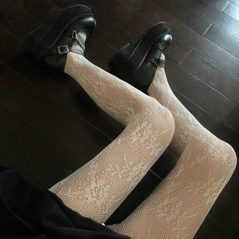 Japanese Style Flower Pattern Hollowed Out Lace Mesh Stochings Pantyhose for Girls Fashion Black White Lolita Stocking Hot Tight