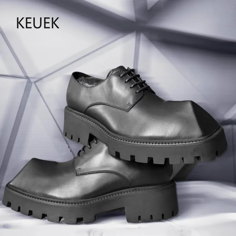 

Luxury Design Men Derby Shoes Genuine Leather Thick Sole Business Shoes British Rhino Horn Square Toe Party Shoes Loafers 2C