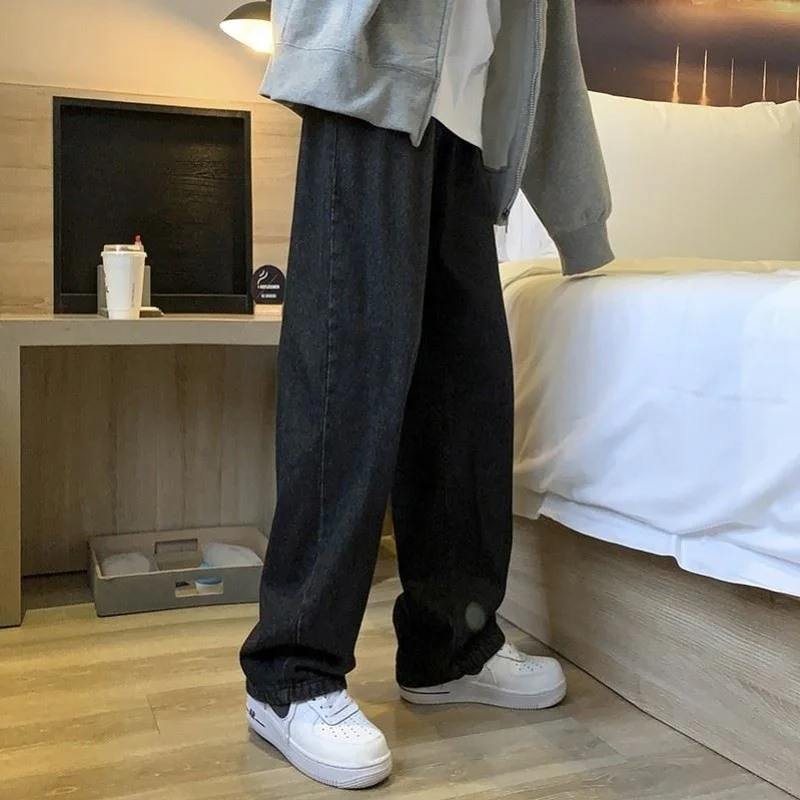 Black jeans men men's loose straight tube summer thin fashion brand ins wide leg mop dad pants ruffian handsome falling feeling