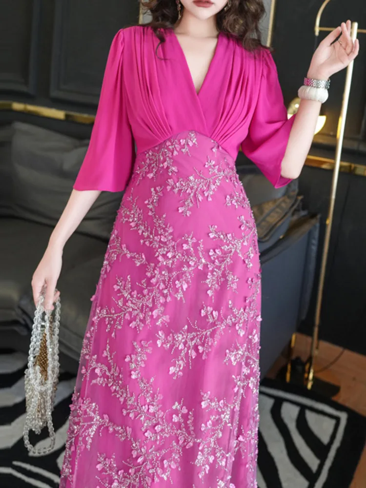 Женское платье с блестками и бусинами LGRQ лоскутное коротким рукавом V-образным