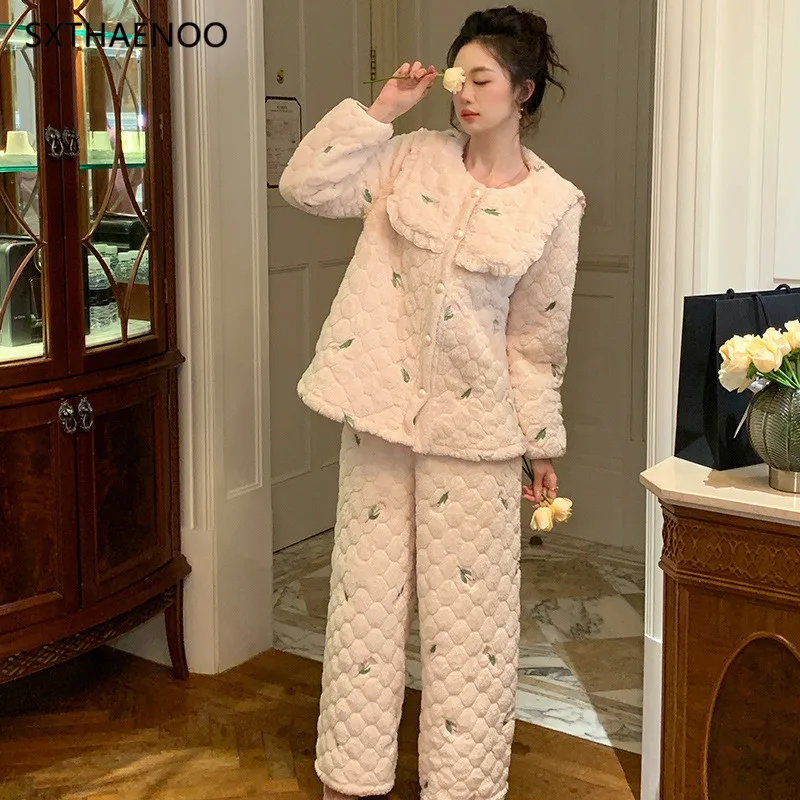 Зимняя теплая Пижама SXTHAENOO 2024 Женская двусторонняя бархатная пижама с принтом