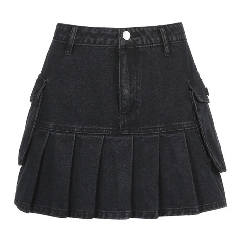 

2022 Y2K High Waist Jean Skirts E-girl Aesthetics Black Denim Pleated Skirts with Big Pockets Grunge Punk Outfits Streetwear