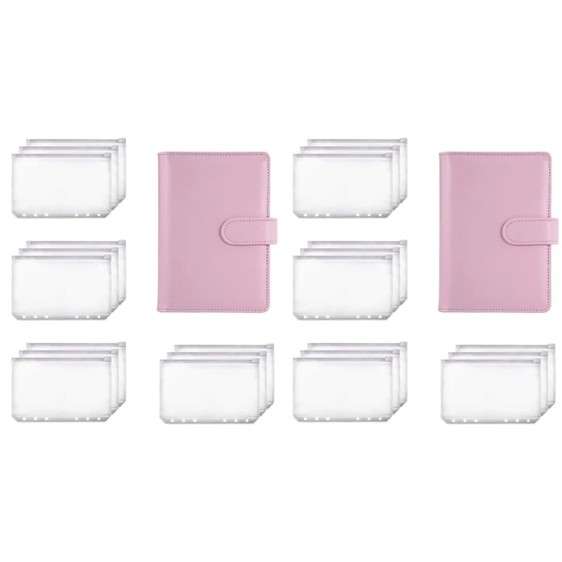 

2X A6 Binder Planner Pink Notebook Binder And 24 Pieces 6 Hole Binder Zipper Folder,Binder Pockets Cash Envelope Wallet