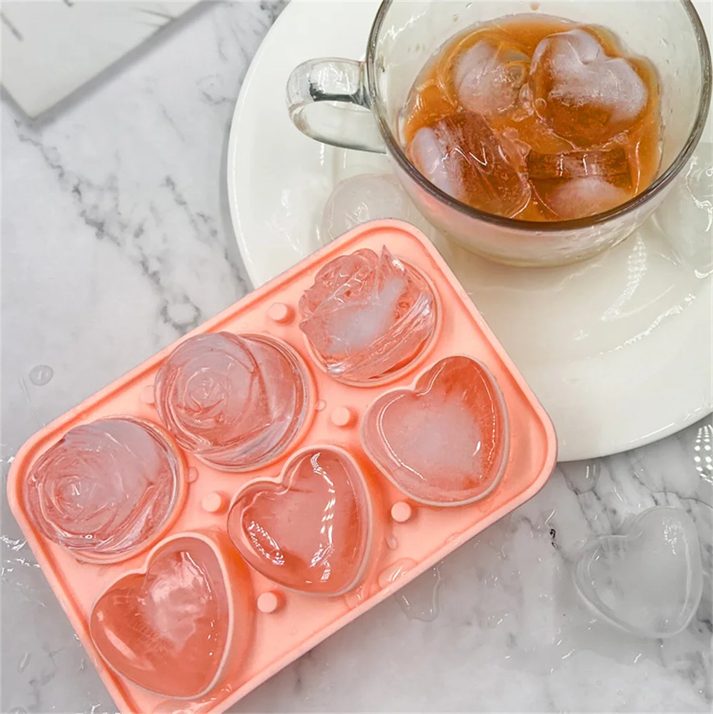 

6 Cavity Rose Ice Cube Mold with Lid 3D Heart Silicone Ice Hockey DIY Ice Ball Maker Whiskey Cocktail Juice Party Drink Decor