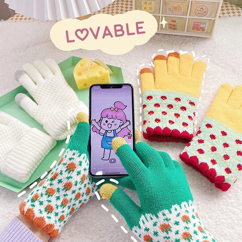 

1 Pair Women Winter Autumn Gloves Plush Warm Mittens Full Finger Gloves Touch Screen Glove Knitted Mittens Gloves