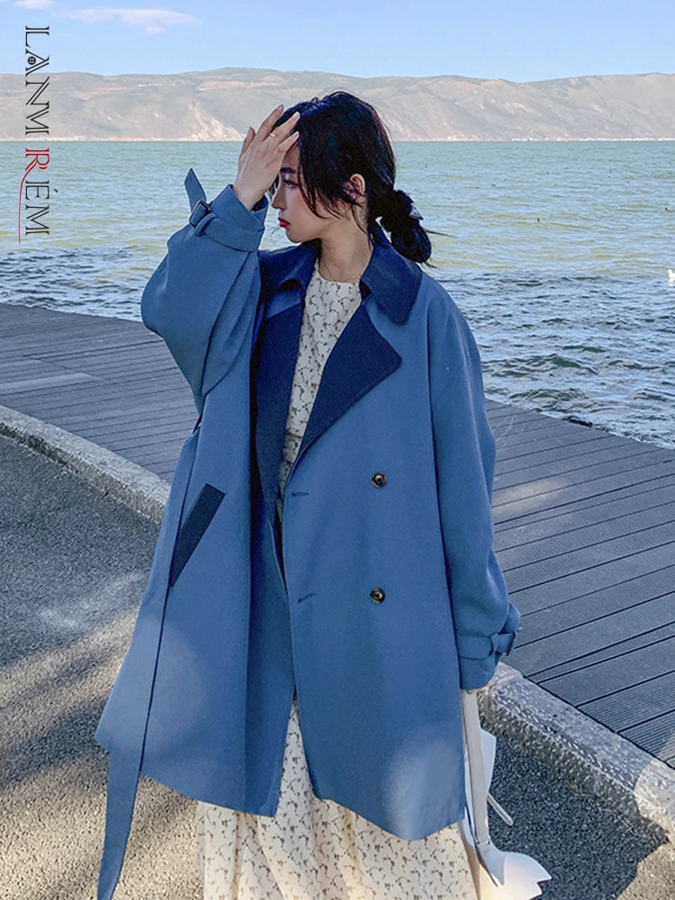 

LANMREM Color Block Trench For Women 2022 Spring Autumn New Lapel Double Breasted Irregular Windbreaker With Belt Female 2R1054