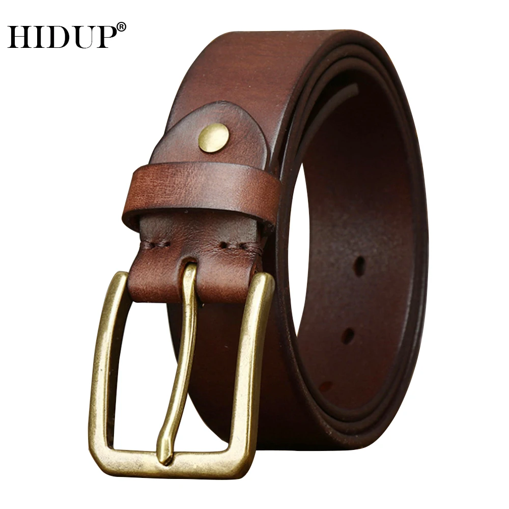 HIDUP Solid Brass Buckle 100% Pure Cowhide Belt for Male Jeans Accessories NWJ1228