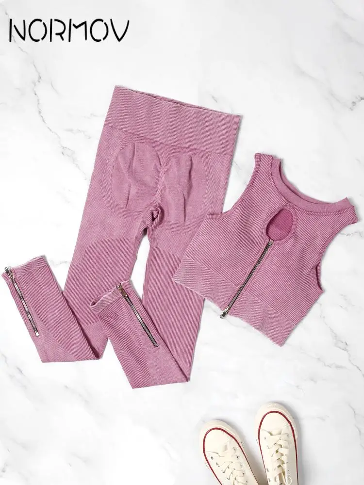 

NORMOV Yoga Set Pink Youth Vitality Set Women's Tracksuit Ribbed Leggings Women Sexy Zipper Vest Two Piece Sets Womens Outifits
