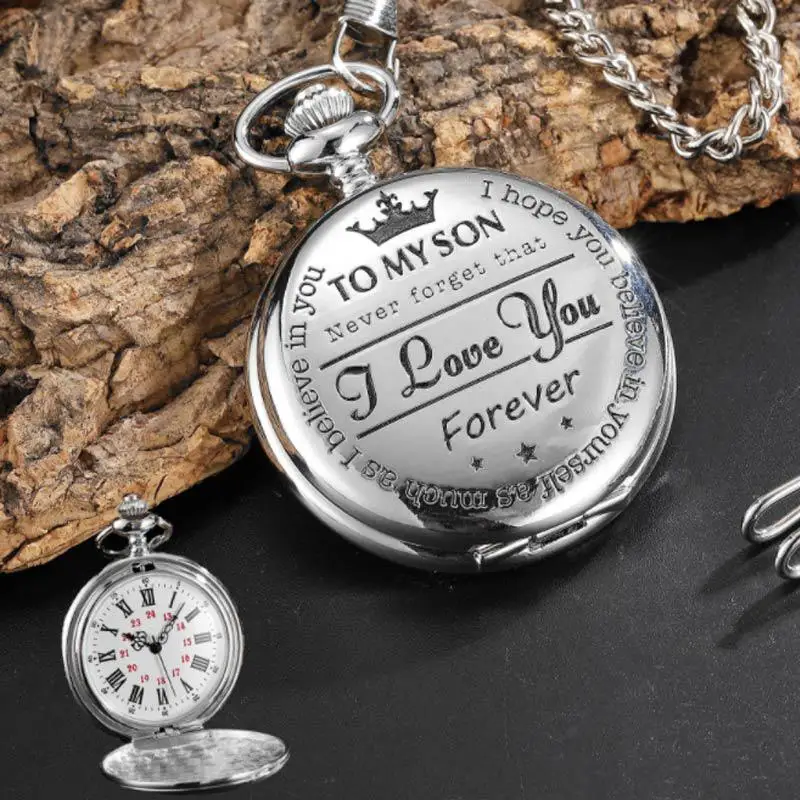 Vintage To My Son Design Quartz Pocket Watches Luxury Necklace Chain Pocket Watches for Mens Womens Boys Gifts
