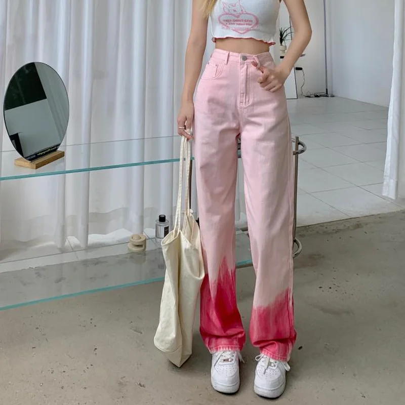 Pink Fashion Women's Jeans Gradient Outerwear Bottom High Waist Casual Plus Size Jeans Kawaii Spring and Autumn Wide Leg Jeans