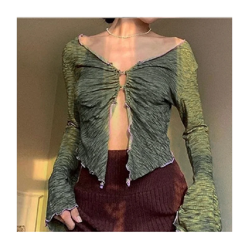 

Summer Womens Retro Sexy V-neck T-shirt Button Green Flare Sleeves Ruffled Long Sleeve Top Party Club