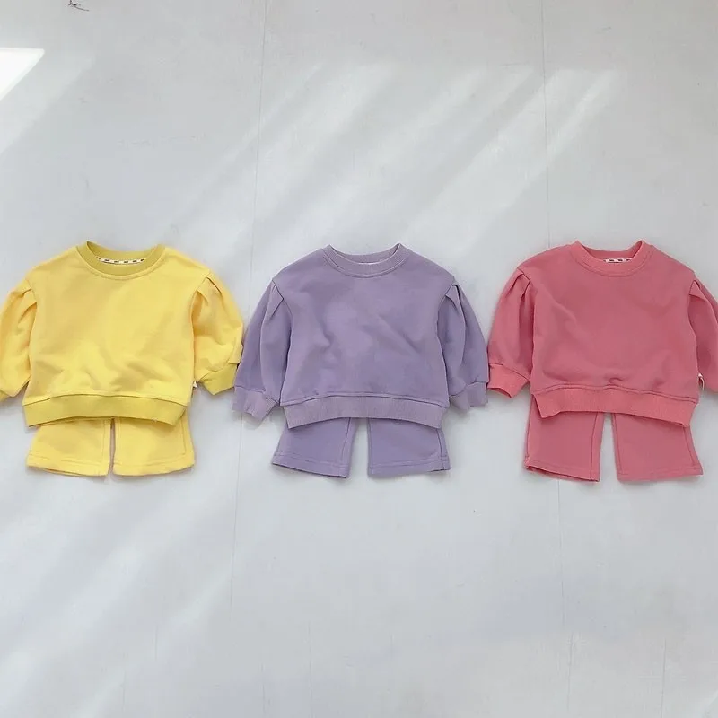 

Newborn Baby Simple Solid Set Toddler Girl Casual Sweatshirts Candy Color Long Sleeves Tops + Loose Cotton Wide Leg Pants Suit