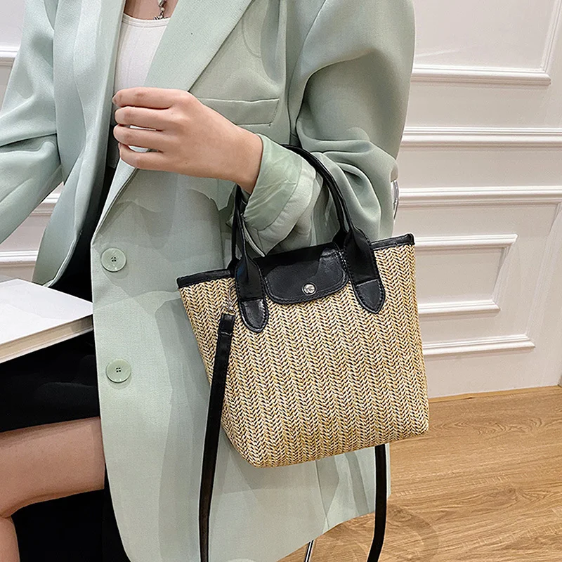 

2022 Designer Women Beach Bag Straw Bags With PU Handle Ladies Summer Casual Handbag Travel Basket Tote Bag