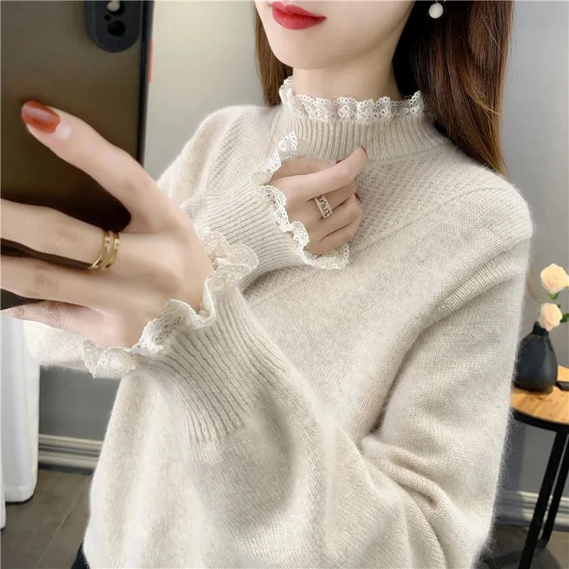 Свитер с кружевным воротником женская рубашка на весну и осень топ новинка 2024