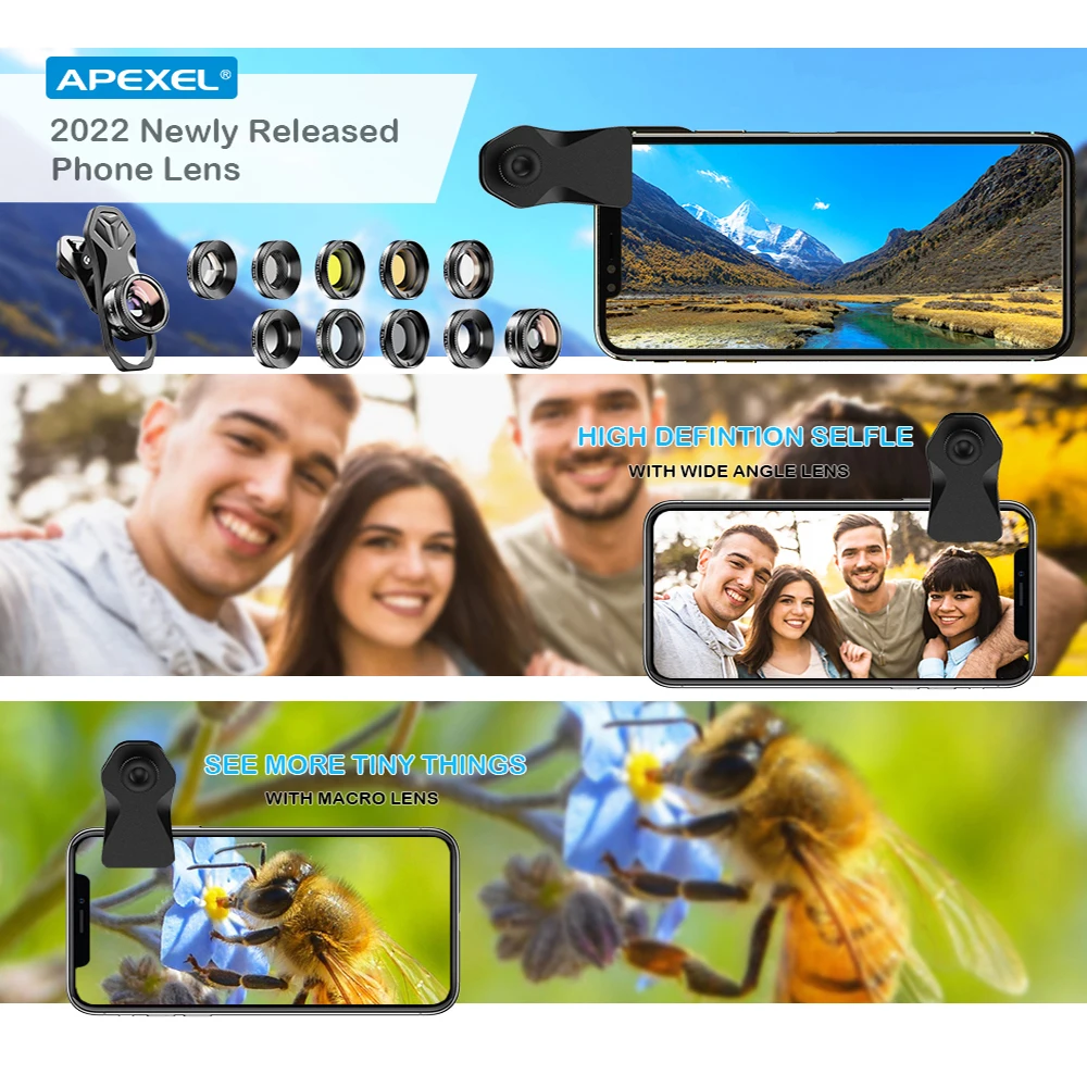APEXEL HD Multi-Function 10in1 11in1 Phones Camera Lens Kits Macro Wide Angle Telephoto With CPL Star Filter For iPhone Samsung