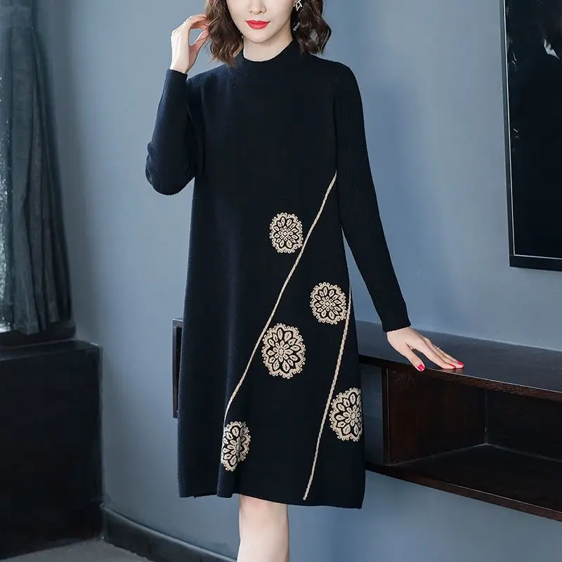 

Elegant Stand Collar Spliced All-match Midi Dress Women's Clothing 2023 Winter Oversized Knitted Office Lady Ladies Dresses