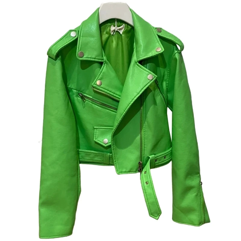 

2022 Pu Short Green Gecko Biker Leather Jacket Long Sleeve Zipper Belt Colored Outerwea Womens Bomber Jacket Green Jacket Zip Up