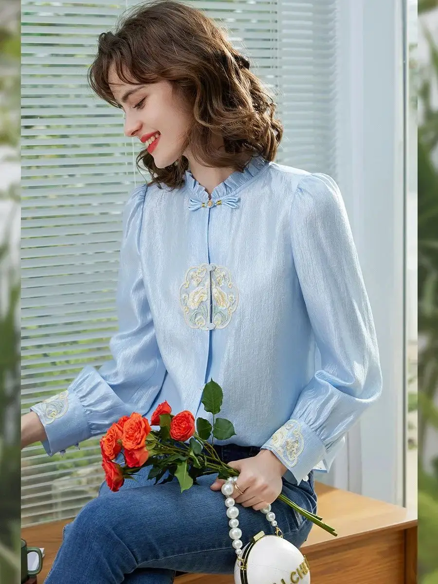Рубашка с вышивкой в китайском стиле от LOUIS YAO новинка весны 2024 элегантная