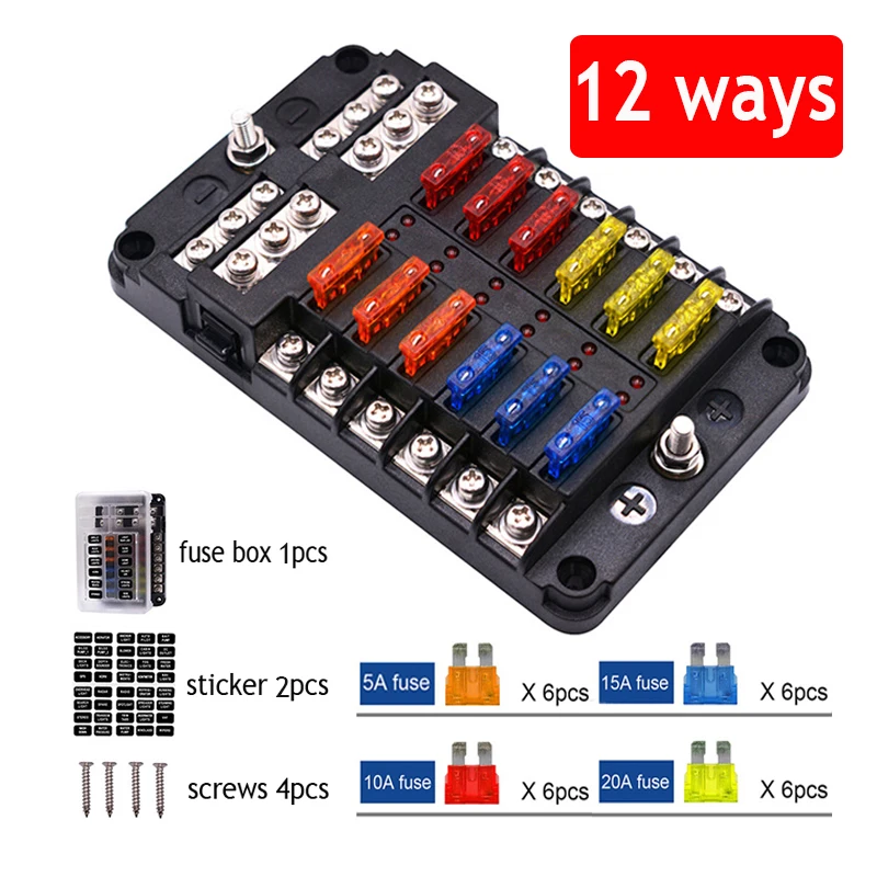 

12V 32V Plastic Cover Fuse Box Holder M5 Stud With LED Indicator Light 6 Ways 12 Ways Blade for Auto Car Boat Marine Trike