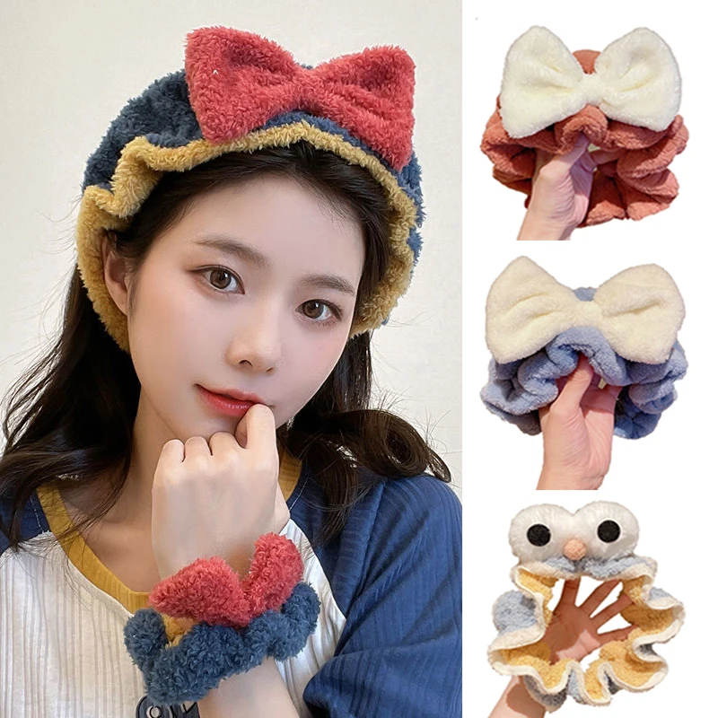

Повязка для волос с бантом женская, милый эластичный бандаж из кораллового флиса с большими глазами для душа и умывания лица, бандаж для вол...
