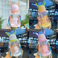 600ml antler water bottle children bounce straw drinkware cartoon cute travel sports outdoor strap water cup kawaii waterbottle
