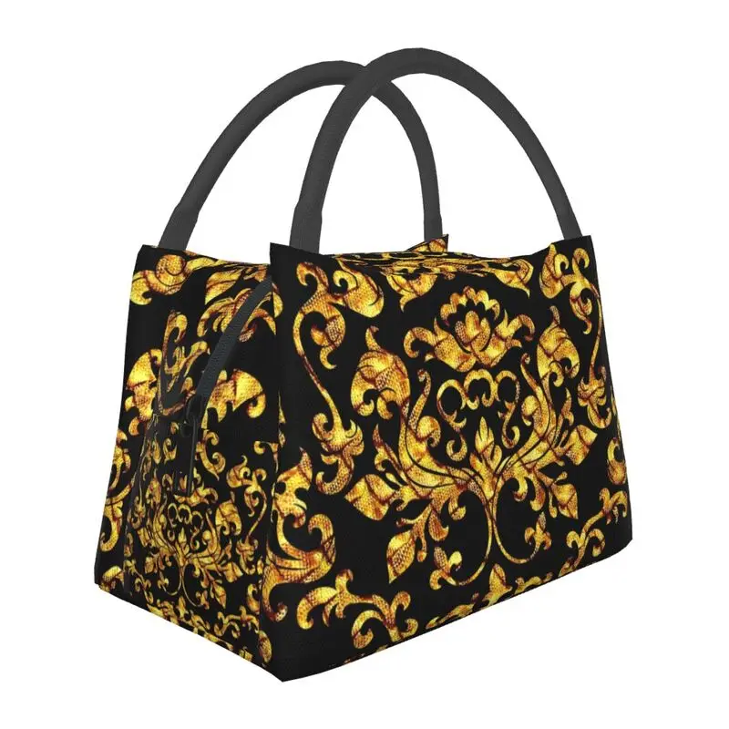 

Gold Baroque Floral Pattern Insulated Lunch Bags for Women European Art Portable Cooler Thermal Food Lunch Box Hospital Office