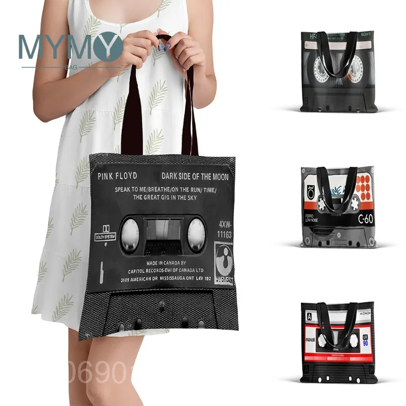 

Creative Women Handbag Music Tape Print Design Retro Fun Street Hip Hop Eco Reusble Shoulder Bag Casual Portable Shopping Bag
