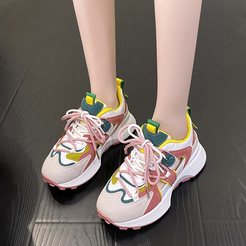 

BCEBYL Spring Autumn Fashion New Casual Comfortable Round Toe Mixed Color Lace Up Thick Bottom Women's Outdoor Running Shoes