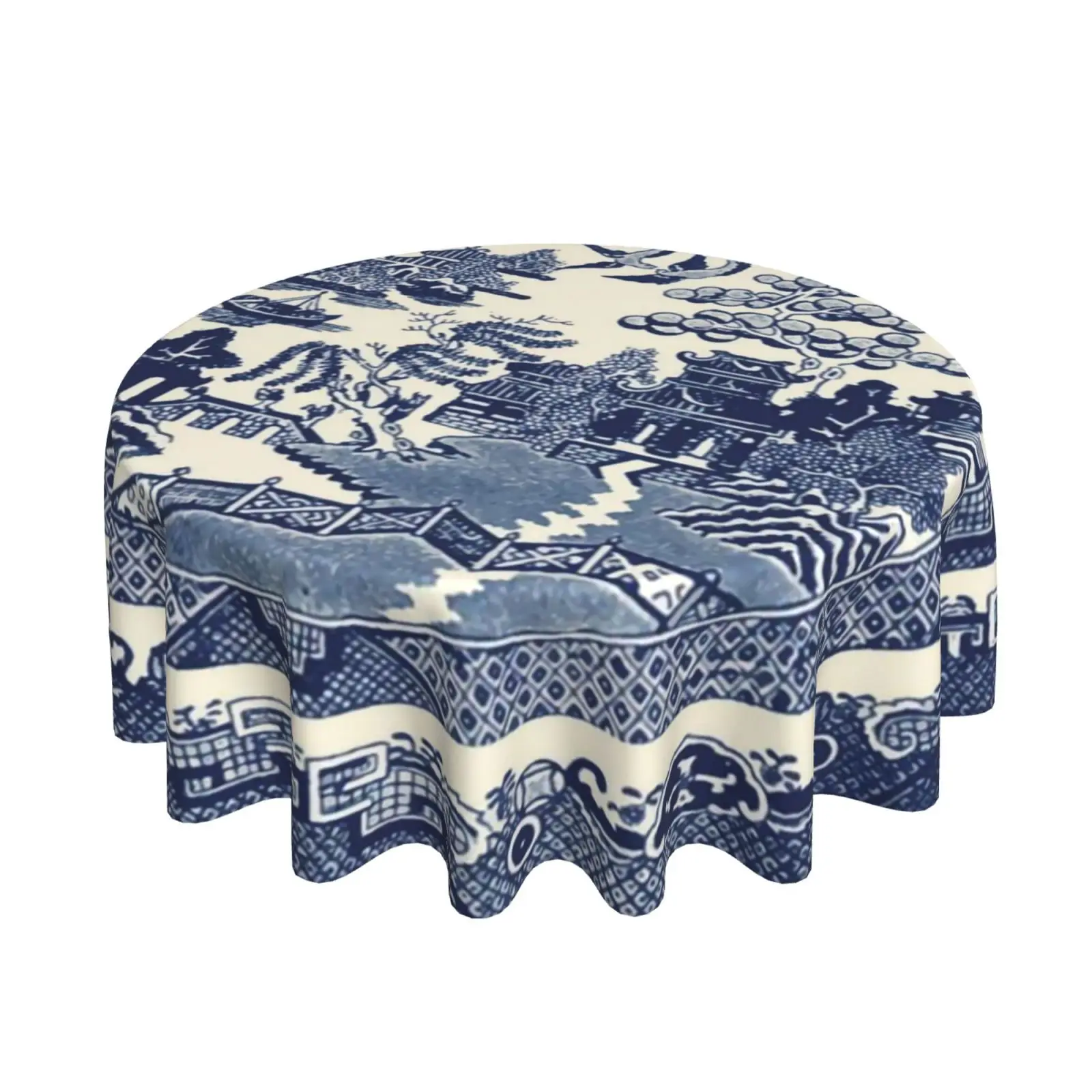 

Oriental Style Chinese Blue Willow Soft Microfiber Round Tablecloth 60 Inch Circular Table Cover Tabletop Decoration Dustproof