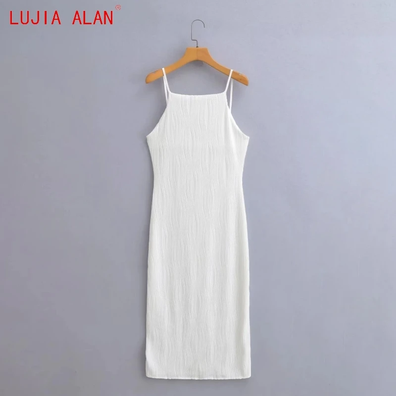 

New Women's Jacquard Knitted Sling Midi Dress Female Casual Sleeveless Slim Fit Vestidos LUJIA ALAN WD3733