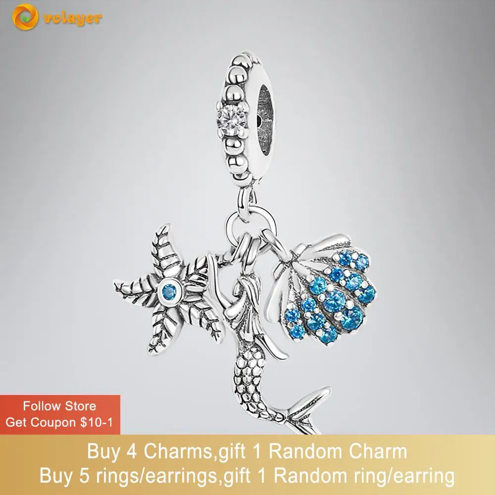 

Volayer 925 Sterling Silver Beads Starfish Shell Mermaid Charm fit Original Pandora Bracelets for Women Jewelry Making Gift