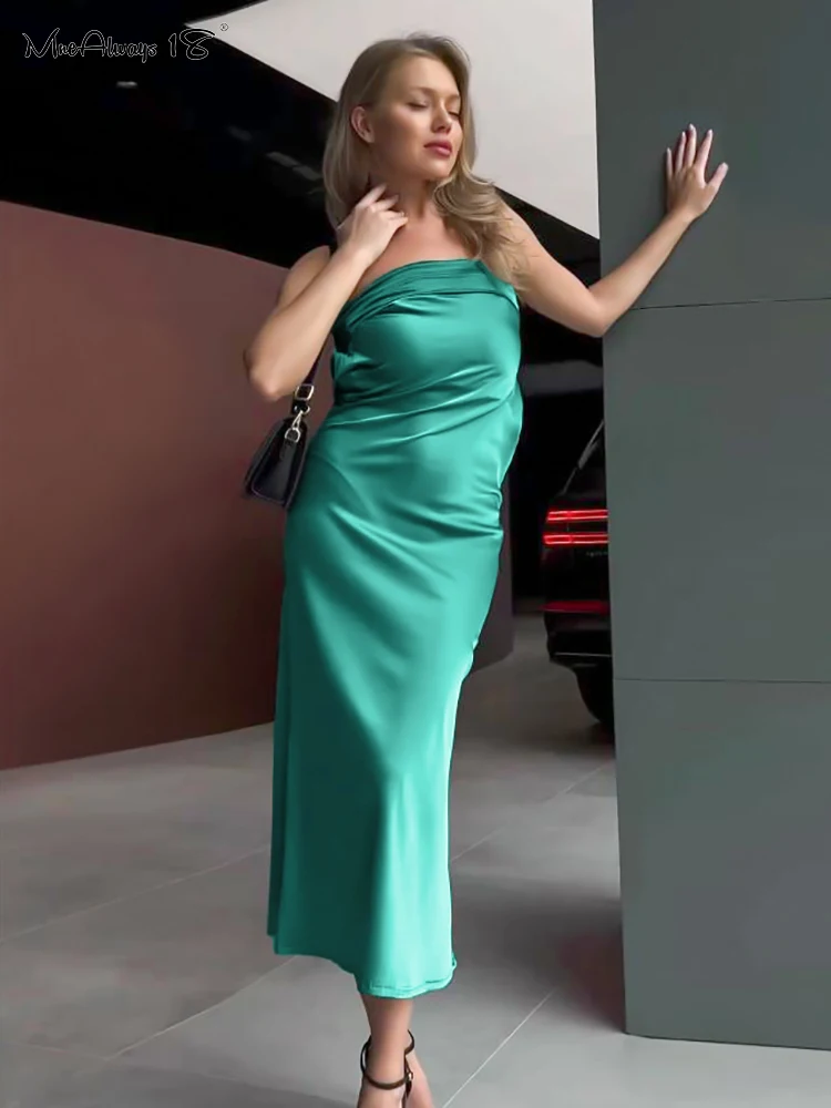 

Mnealways18 Backless Sexy Summer Sundress Satin Club Women Strapless Dress Mid-Calf Vacation Party Straight Dresses Sleeveless