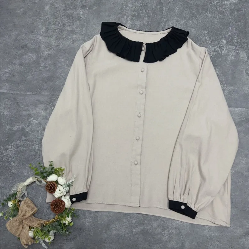 Женские рубашки с оборками Johnature хлопковые в стиле пэчворк воротником-стойкой