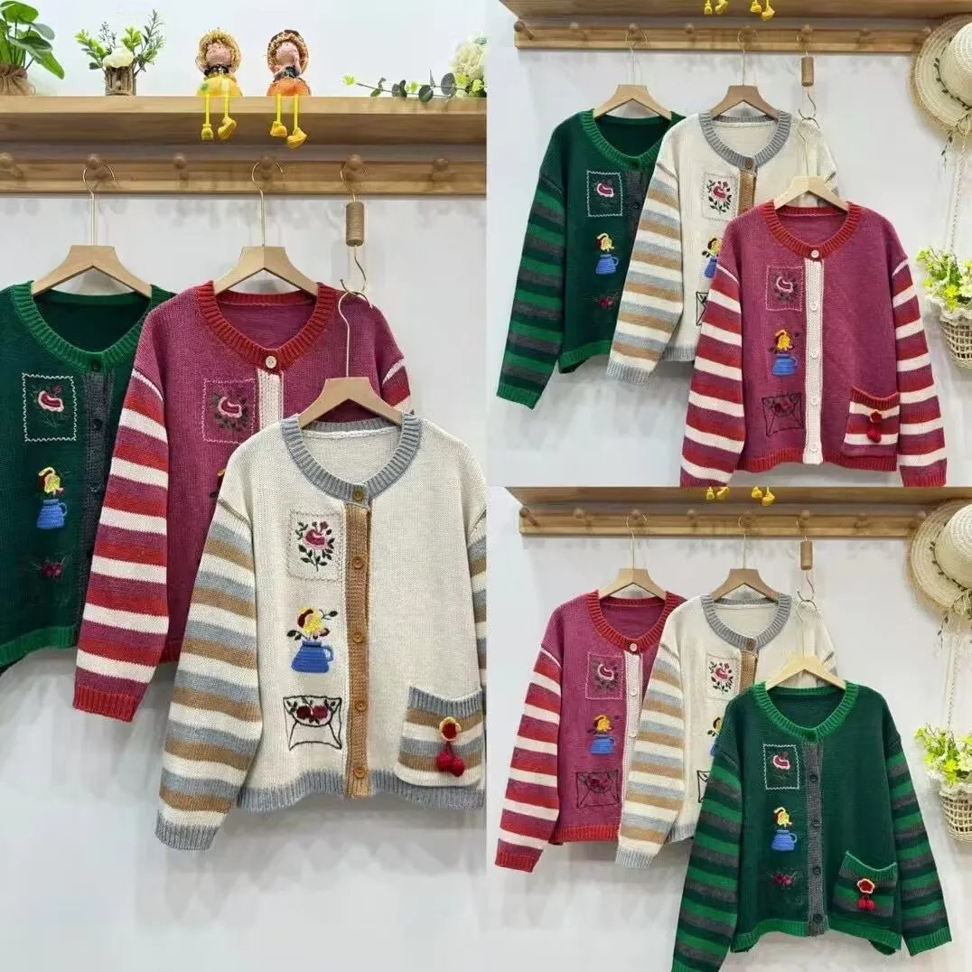 Осень-зима милый свитер с вышивкой женский однобортный вязаный круглым вырезом