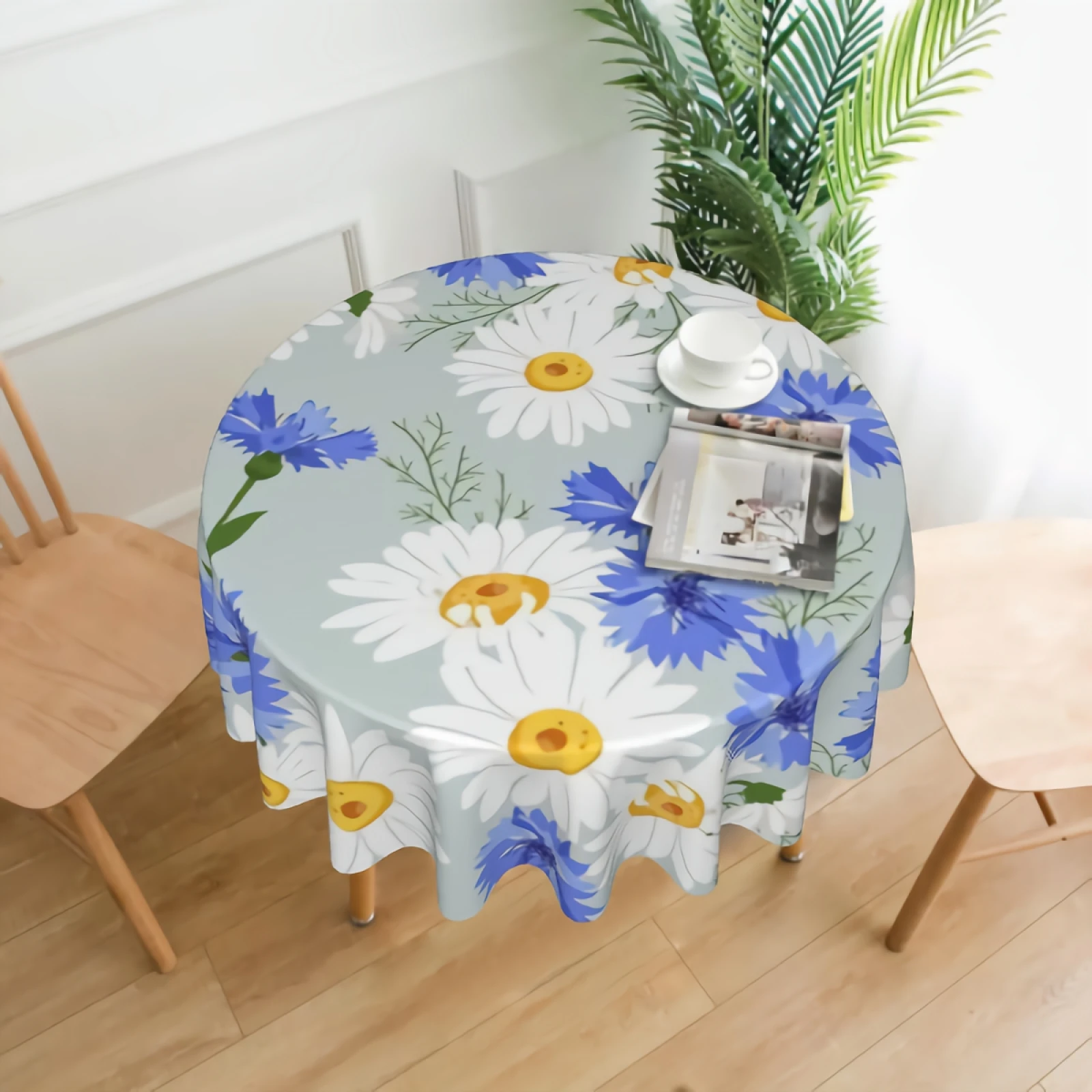 

White And Blue Daisy Floral Table Cloth Cover Washable 60" Dining Decorative for Home Kitchen Party Wedding
