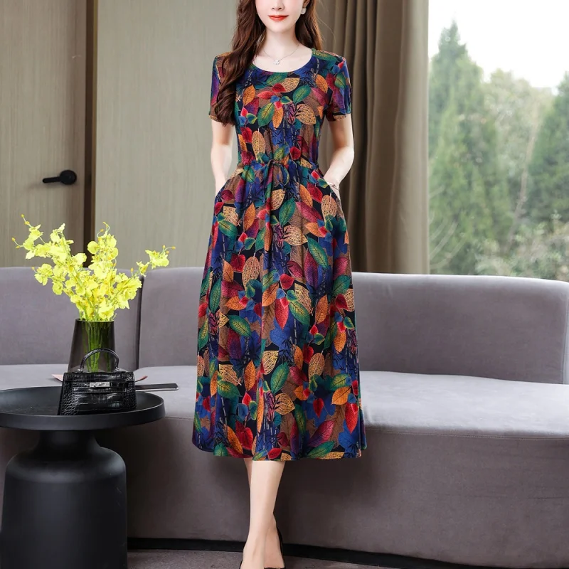

New Fashion Casual 2023 Summer Vintage Dresses O-Neck Print Floral Elegant Party Dress For Women Slim Plus Size Women Clothing.
