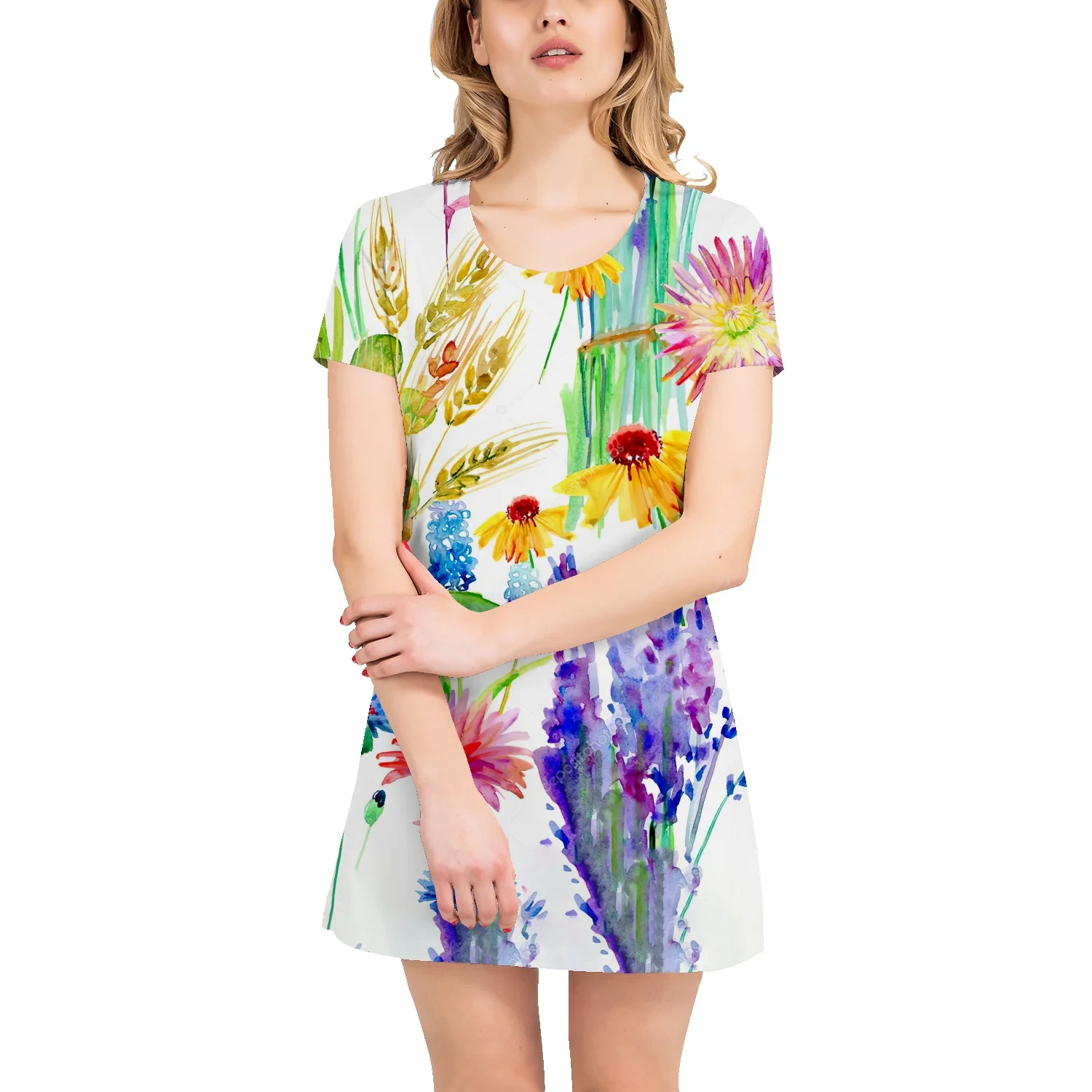 

Женский топ с подсолнухами, летняя футболка с коротким рукавом и цветочным принтом, юбка для девушек в студенческом стиле, универсальная по...