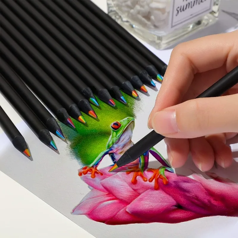 6Pcs/Set Creative Black Wood 7 Colors Rainbow Pencil with Th