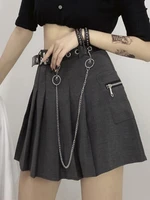 qweek gothic techwear cargo pleated skirts women harajuku emo chain pockets a line high waist black mini skirt hippie streetwear