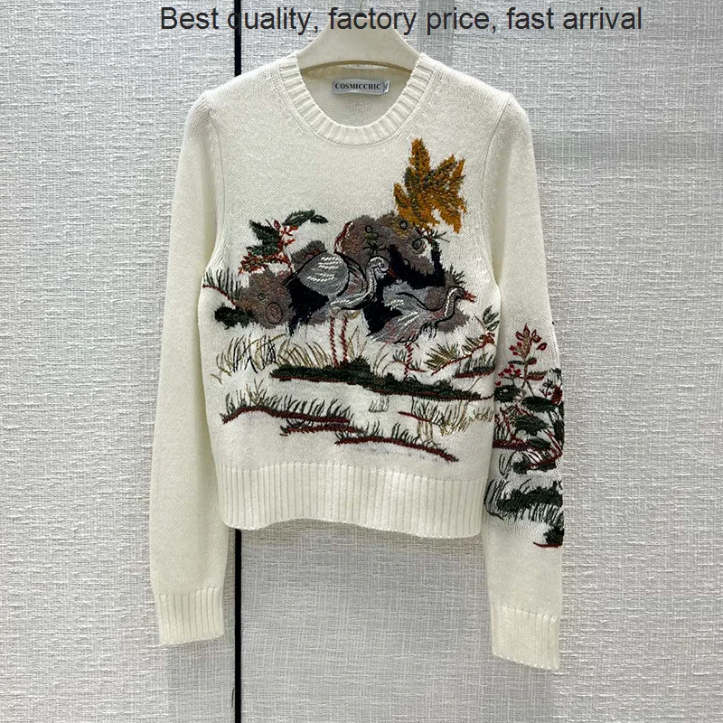 

High quality luxury brand Runway Autumn White Cashmere Sweater Woman 2023 Fashion Chinese Style Ink Painting Embroidery Knitted
