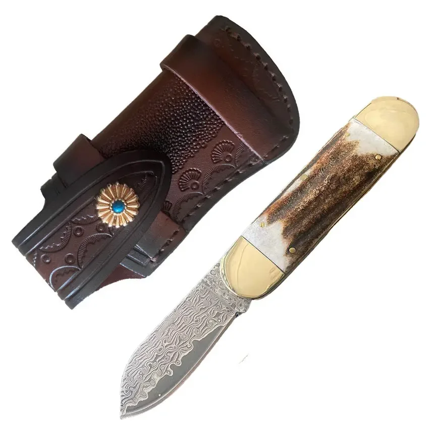 Латунь + натуральные рога оленя ручка из дамасской стали лезвие складной нож